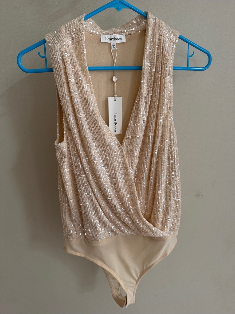 Heartloom Champagne Sequin Draped Surplice Bodysuit